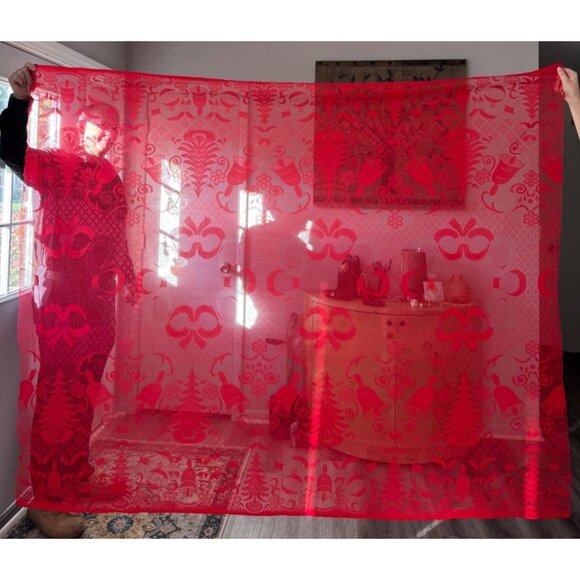 Vintage Red Lace Rectangle Christmas Tablecloth Cover Bell Tree Ribbon Ornament - Picture 1 of 7